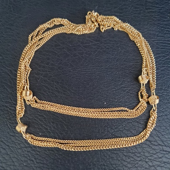 Monet Long Triple Strand Gold Tone Knot Station Chain Necklace Classic Signed - Picture 2 of 7